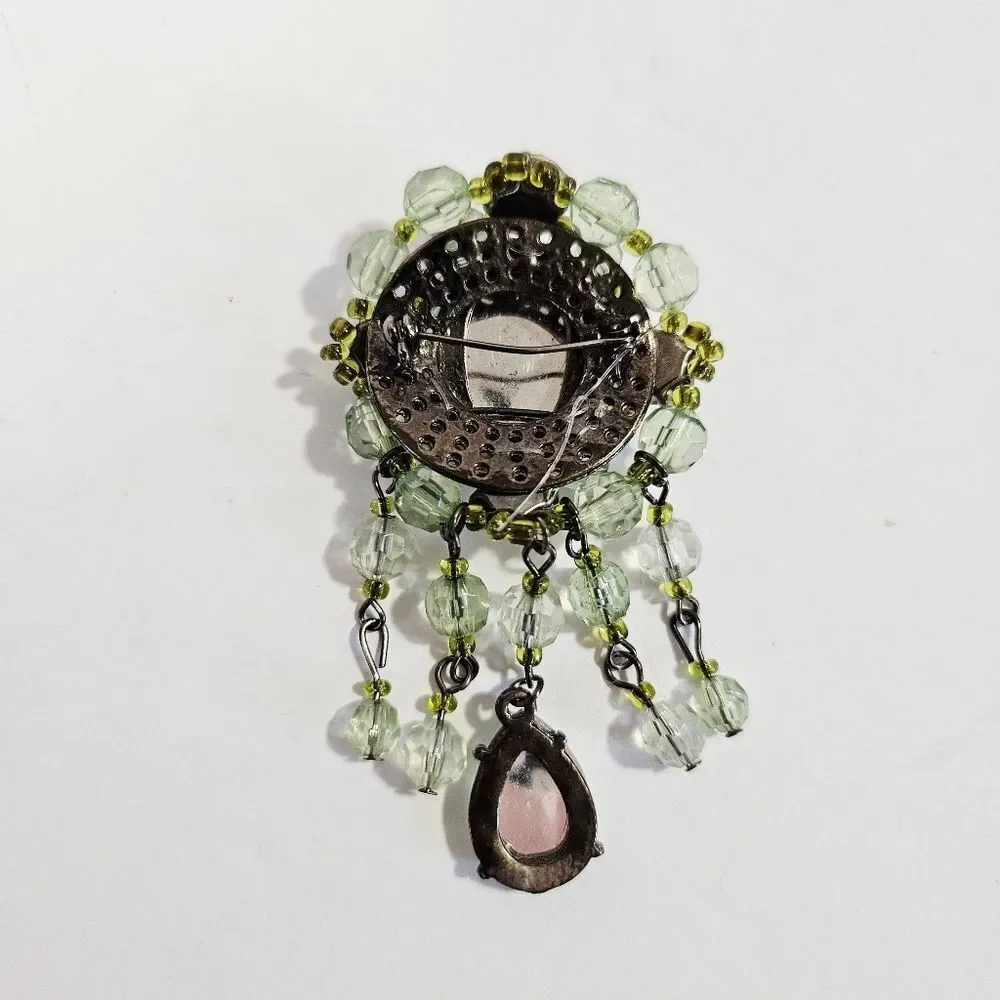 Vintage Victorian Revival Green Rhinestone Beaded Dangle Teardrop Brooch Pin